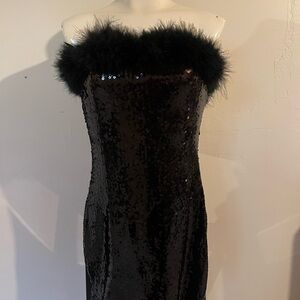 Elegant Black Sequin Dress with Feather Trim